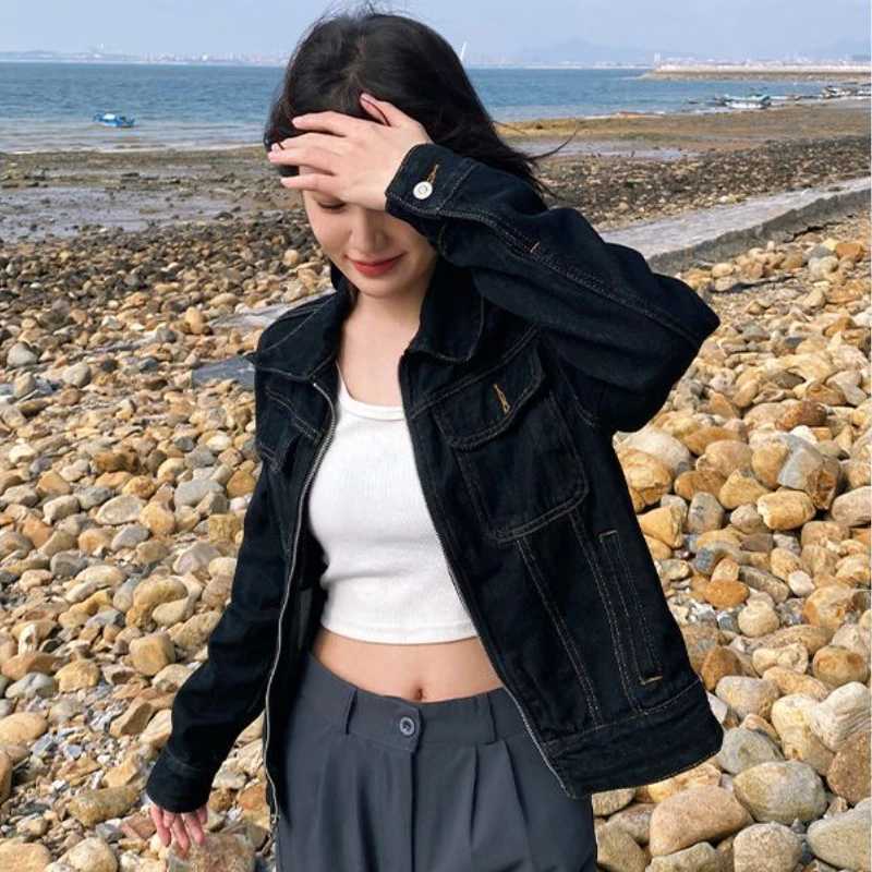 Black denim jacket American style retro spring autumn crop zipper all-round college casual youth street clothing Chaqueta X250213