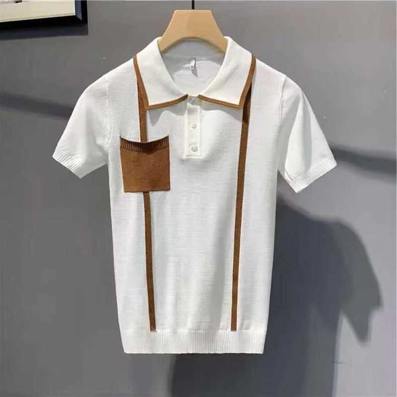 Fashionable pocket splicing knitted mens polo shirt 2024 summer casual breathable knitted top retro mens polo shirt X250213