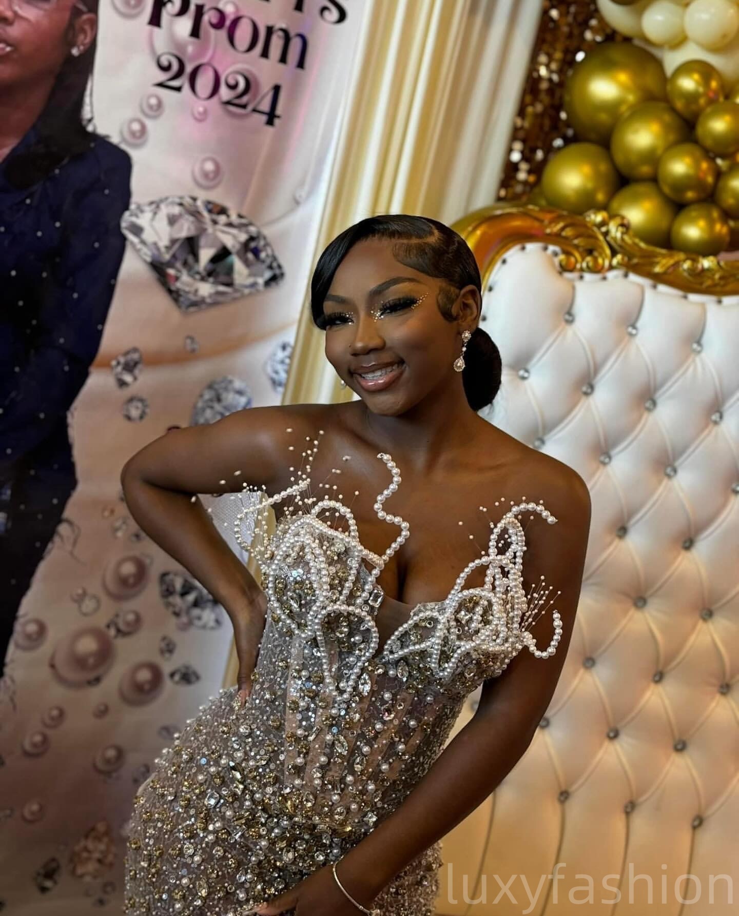 Aso Ebi 2025 Ivory Illusion Mermaid Prom Dresses Crystals Pearls Sequined Evening Formal Party Second Reception Birthday Gowns Dress For Special Occas