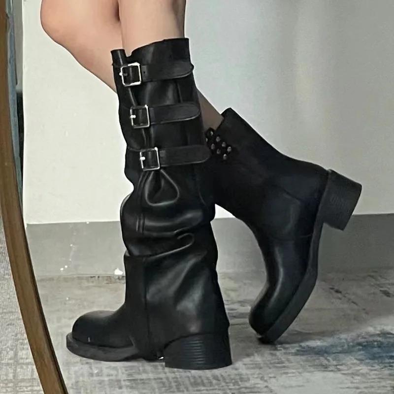 High Quality Punk Y2k Gothic Style Vintage Motorcycles Western Boots for Women Black Rivets Knee Boot Shoes 250118