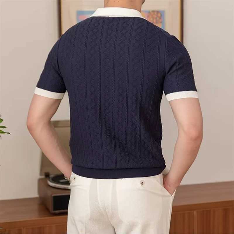 Luxury Rhomboid Crochet Polo Shirt Men Summer Slim Fit Knitwear Casual Polo Collar Shirts Short Sleeve Mens Fashion New T-shirts X250213