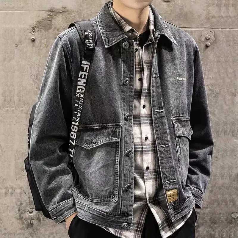 Mens Loose Jeans Jacket Fashion Streetwear Blue Dark Gray Denim Coat Outwear X250213