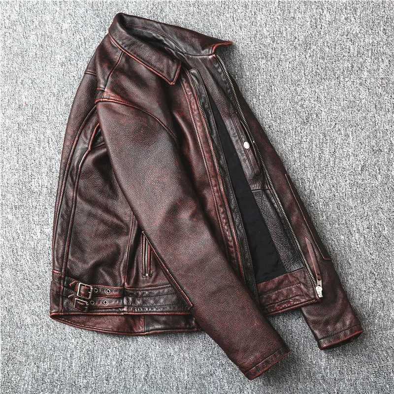Red-Brown American Retro Motorcycle Style Distressed High Sense Classic Genuine Leather Jacket Vintage Quality Cowhide Coat 6XL X250213