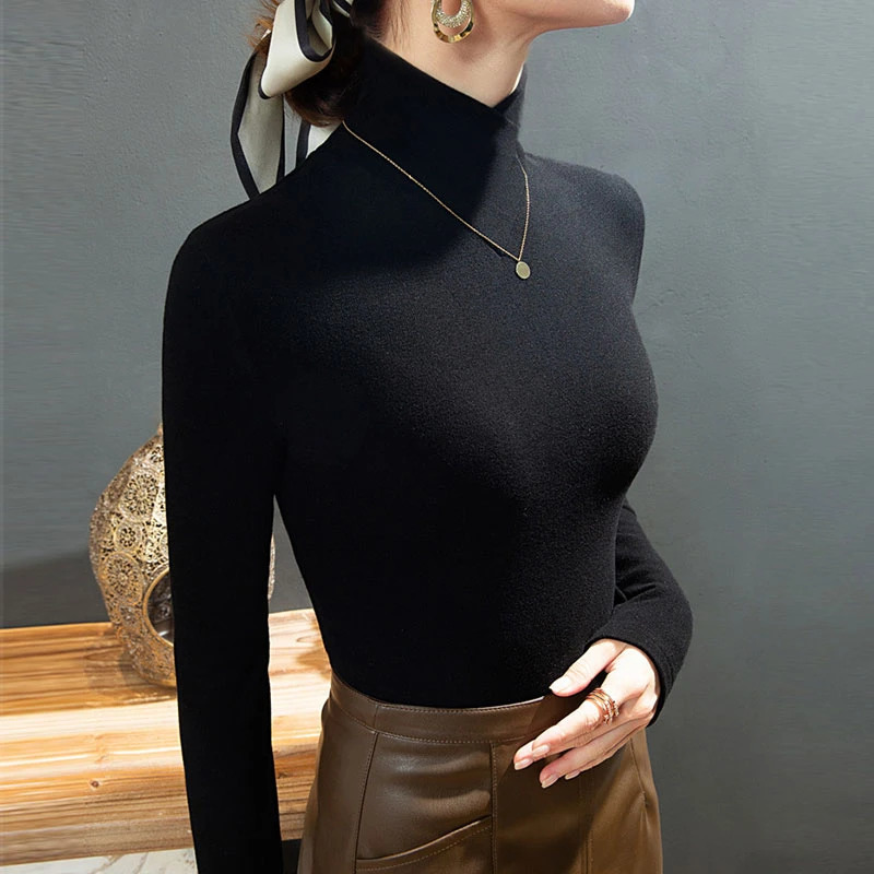 Autumn Winter T Shirt Fleece Fabric Turtleneck Bottoming Tee Korean Simple Casual Tops Long Sleeve Tshirt Keep Warm 250211