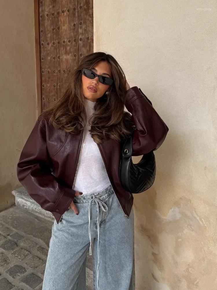 Women's Jackets Retro Bury Lapel Pu Short Leather Jacket Women Chic Zipper Long Sleeves Pocket Crop Coat Autumn Female Commuting Street