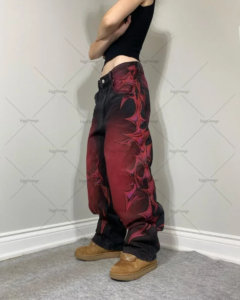 Y2K Loose Gothic Punk Pattern Printed Jeans Street Clothing Hip Hop Straight Pants High Street Harajuku Retro Loose Casual Trousers 250210