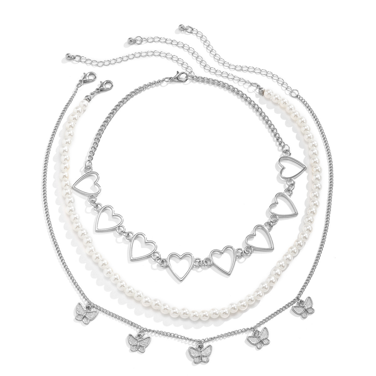 Jewelry Decoration Heart Hollow Neckchain Multi layered Punk Little Butterfly Imitation Pearl Necklace Ornament for Women