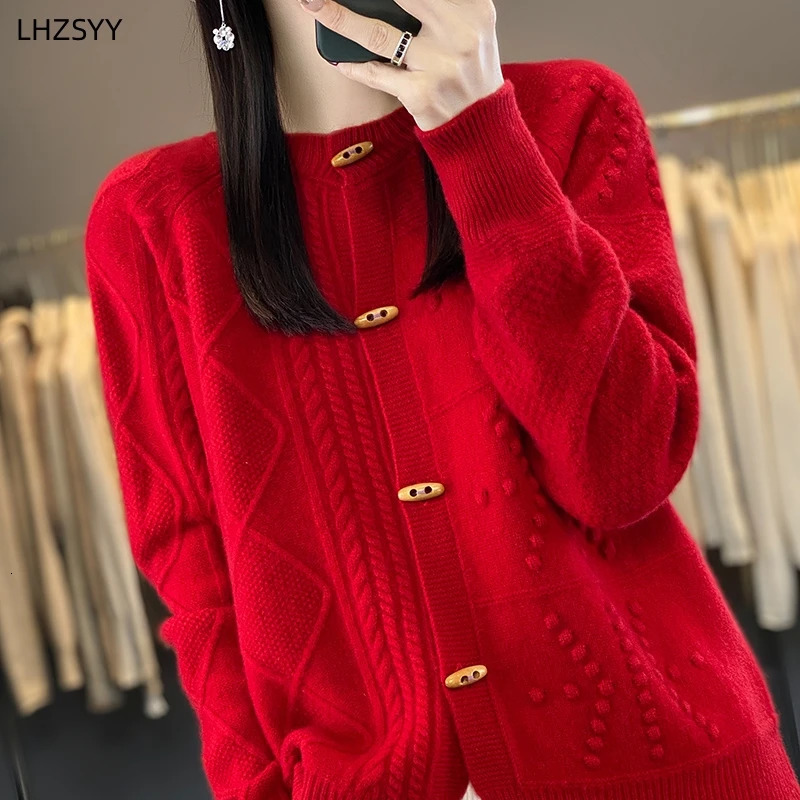 LHZSYY Fall/Winter 100%Pure Wool Cardigan Womens O-Neck Jacquard Coat Casual Large Size Sweater Warm Knit Top Female Jacket 250206