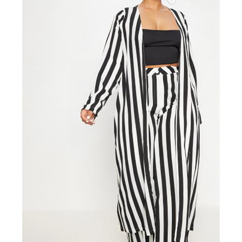 Large size long sleeved black and white striped suit African clothing high waist wide leg pants twopiece set elegant OL womens y250122