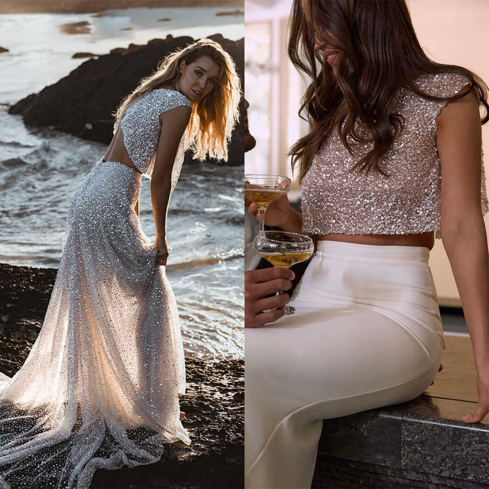 Graceful Winter A-Line Wedding Dresses With Two Pieces Sparkling Sequins Side Split Sleeveless Bridal Gowns Plus Size Wedding Dresses Custom Made Vest