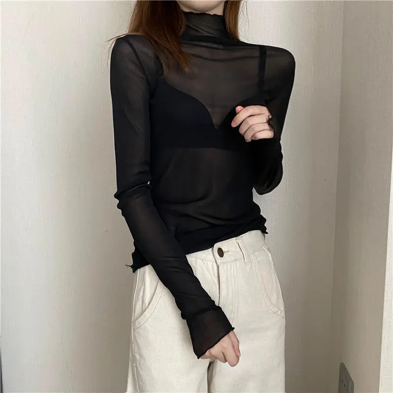 Sexy Women T Shirt See Through Transparent Mesh Tops Long Sleeve Sheer Slim Ladies Solid Turtleneck Silk T-Shirt Lace Crop Top 250208