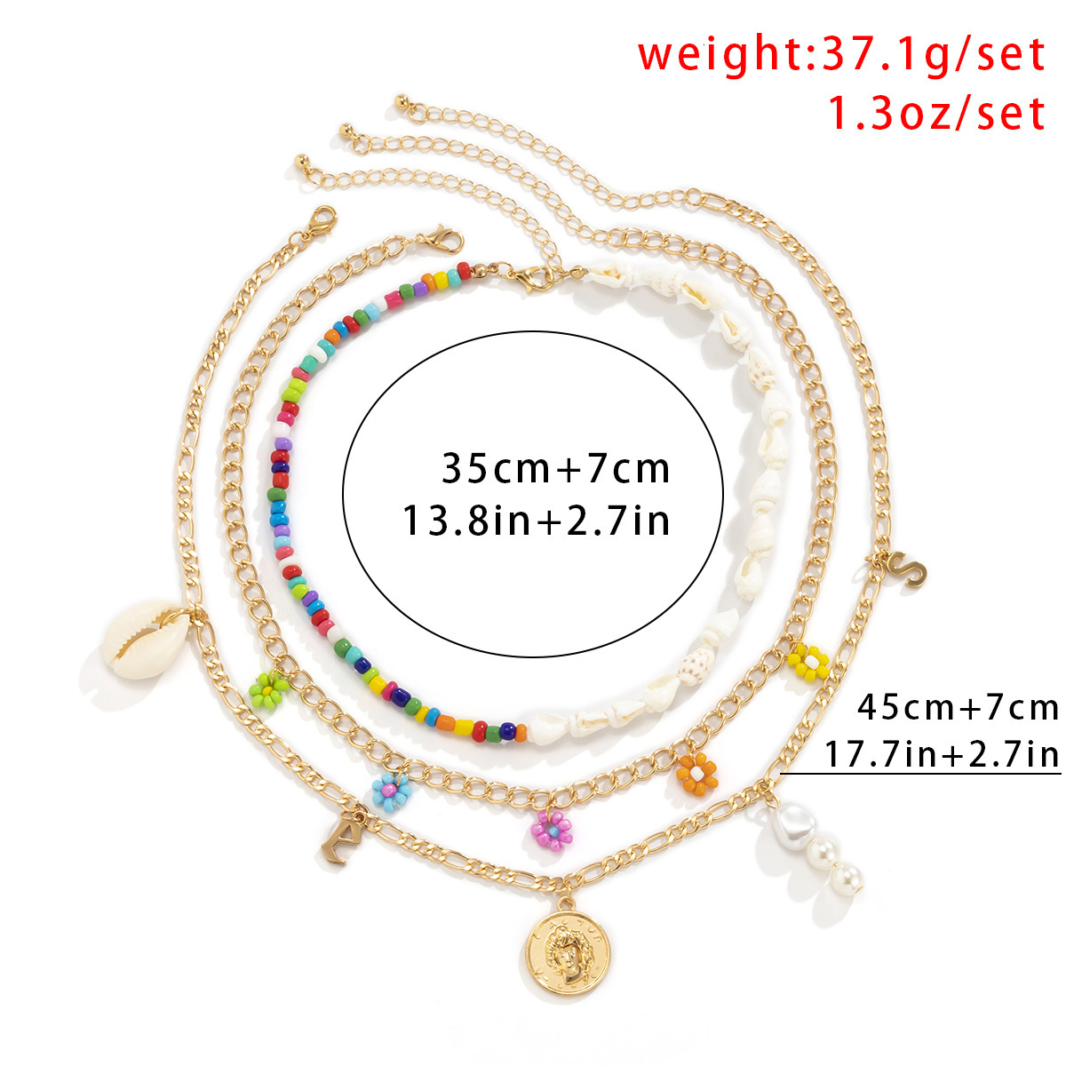 Countryside splicing asymmetrical shell imitation pearl geometric letters contrasting daisy rice bead designer necklace