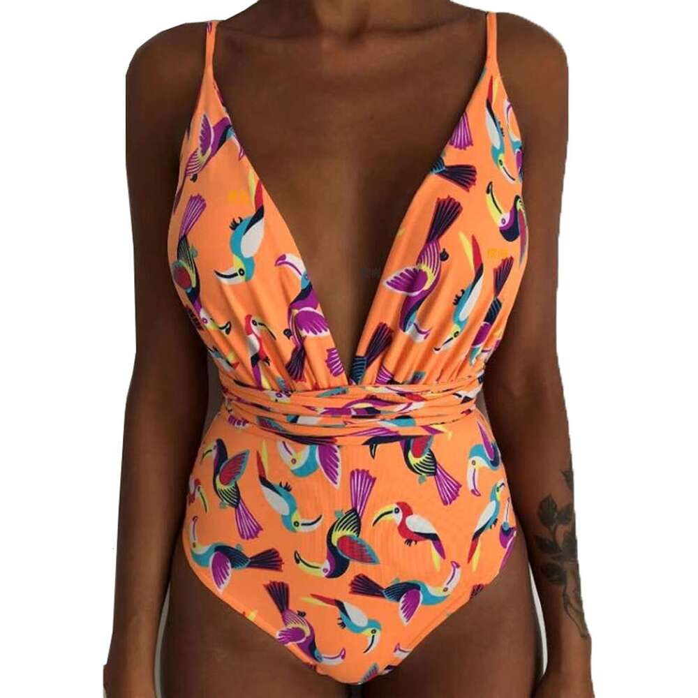 2024 Deep V-Neck Printed One-Piece Swimsuit Women's Green Fashion Swimwear Monokini Bathing Suit Beachwear