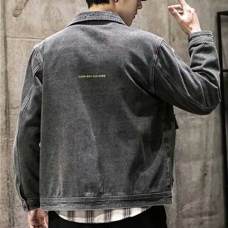 Mens Loose Jeans Jacket Fashion Streetwear Blue Dark Gray Denim Coat Outwear X250213