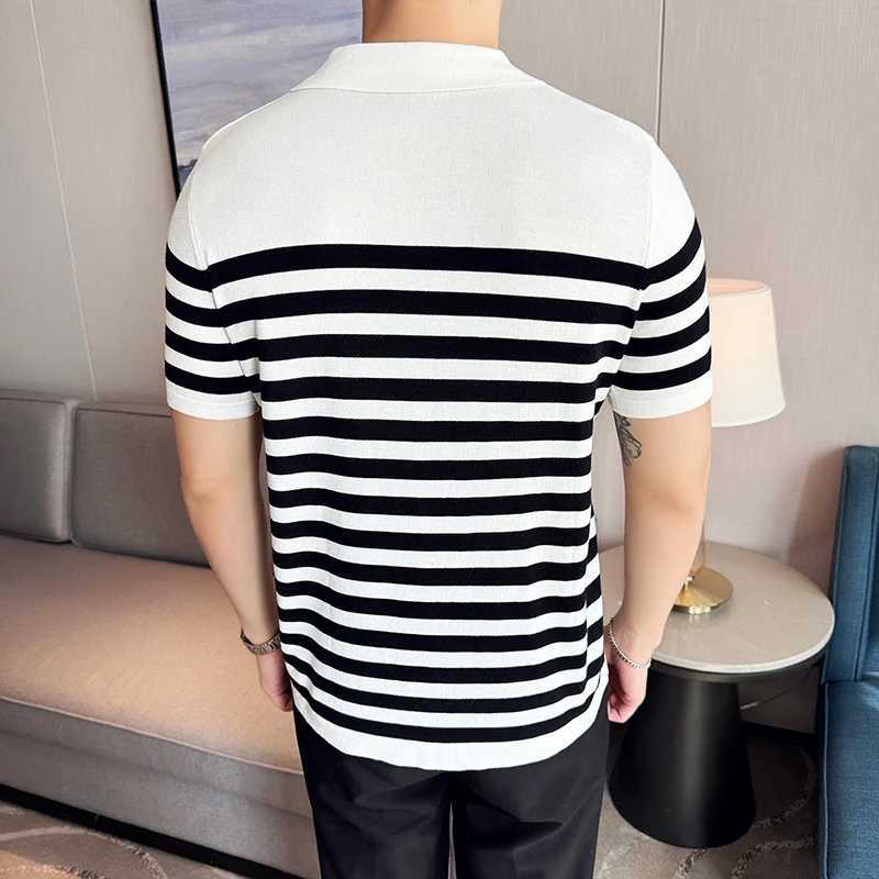 High elasticity Men Knitted Polo Shirt 2024 New Light Thin Casual lapel Short Sleeved Stripe T-shirt High-quality Men Clothing X250213