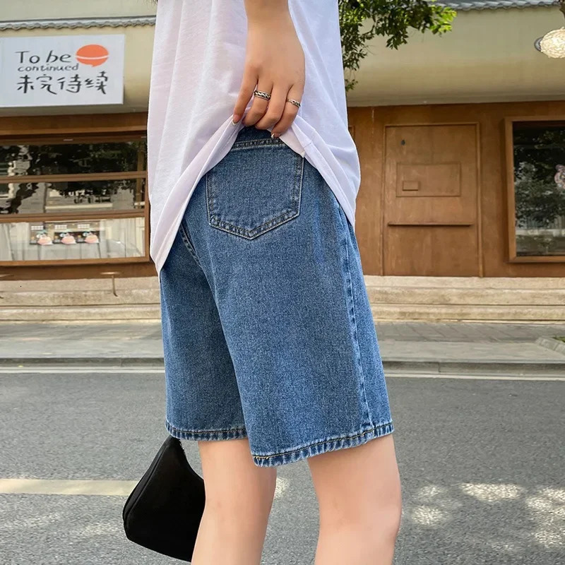 Summer High Waisted Shorts Women Casual Jeans Shorts Female Loose Fashion Korean Womens Straight Leg Short Pants Knee Length 250210