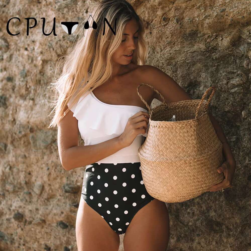 CPUTAN 2024 One Shoulder Bikini Set Ruffle High Waist Vintage Brazilian Biquini Swimwear Bathing Suit For Girls Summer Beachwear