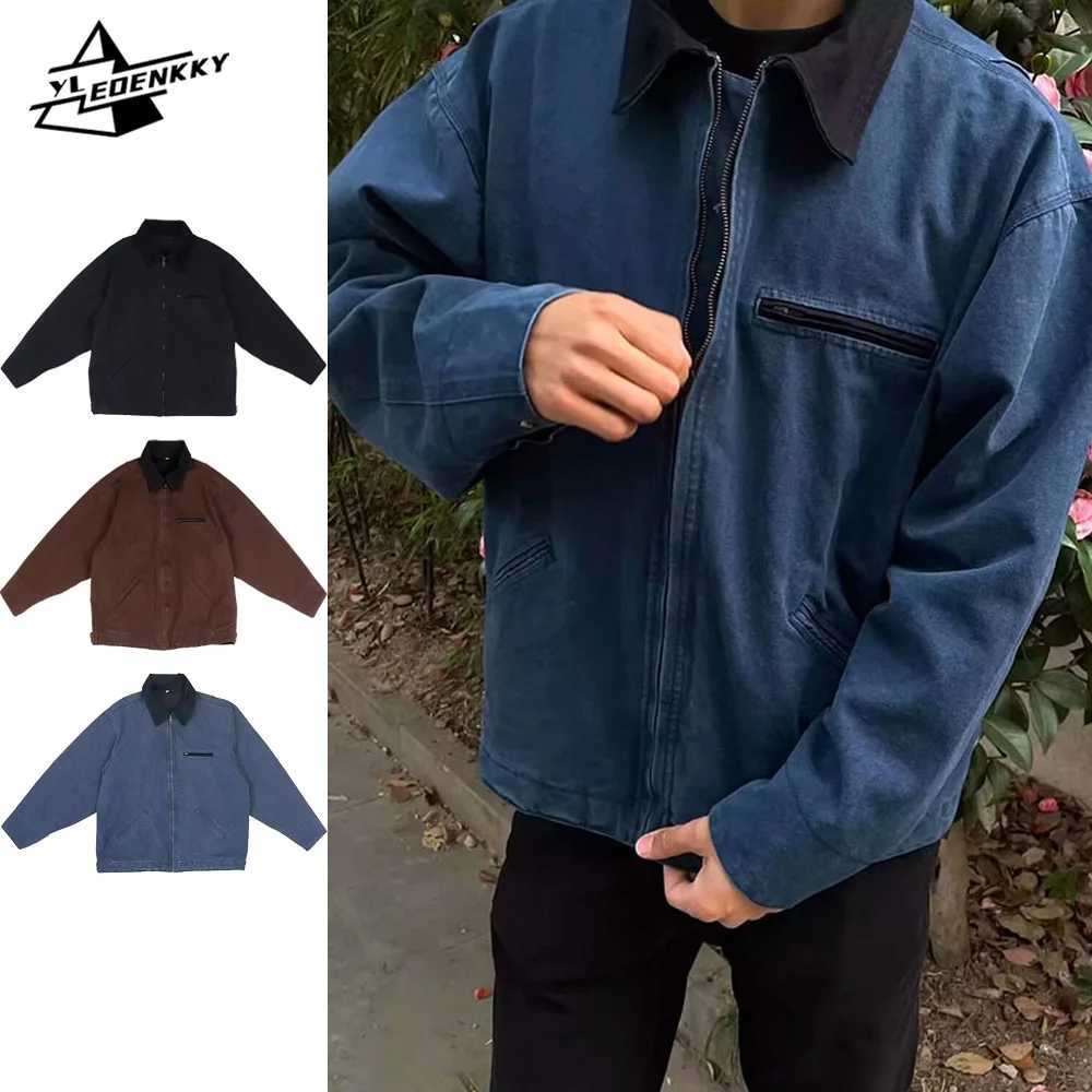 American Detroit Jacket Men Women Retro Solid Color Loose Cargo Coat Washed Cotton Casual Bomber Jacket Spring Autumn Unisex Top X250213