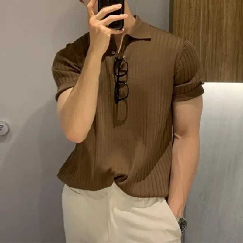 Trendy Casual Lapel Short Sleeve Buttons Half Placket Loose Men Summer T-shirt Knitting Ribbed Polo Collar Shirt Top Streetwear X250213