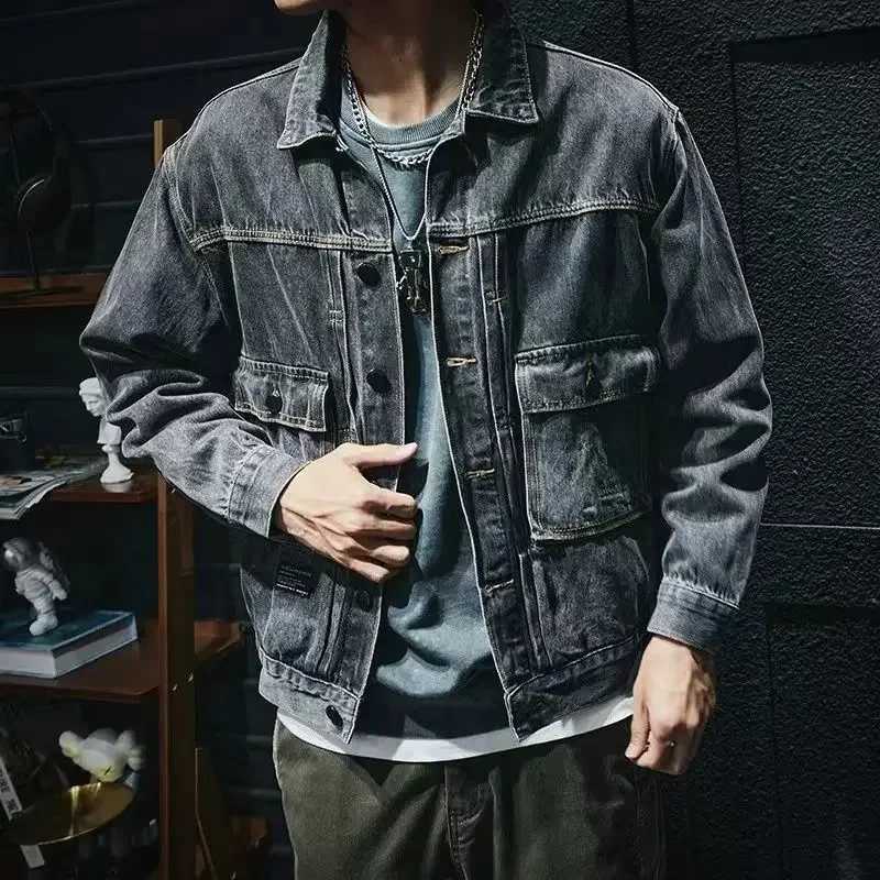 Mens Jean Coats Cargo Vintage Mens Denim Jacket Washed Aesthetic Outwear Menswear Korean Popular Clothes Size L Clothing Korea X250213