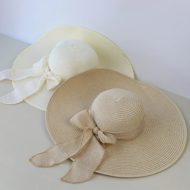 Summer Women Straw Hat Bowknot Wide Brim Floppy Panama Hats Female Lady Outdoor Foldable Beach Sun Cap 250118