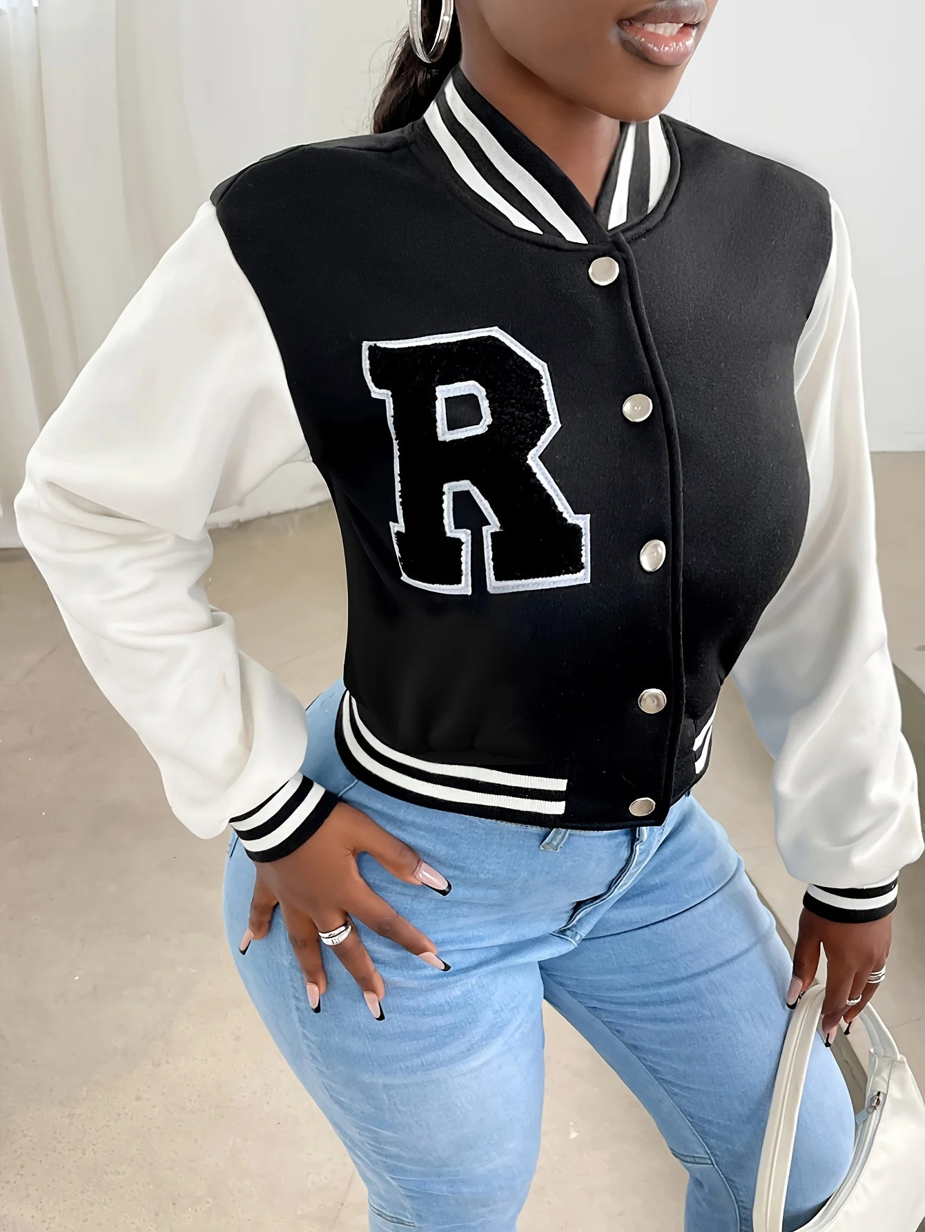 Elegant Women_s Casual Jacket White Autumn Winter Button Baseball Cropped Jackets For Women Long Sleeve Crop Outerwear 250212