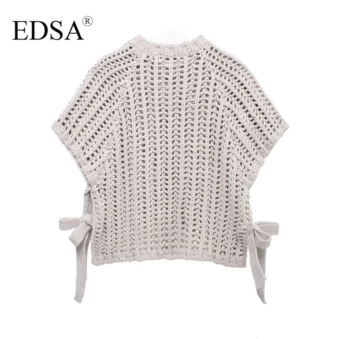 EDSA Women Chunky Knit Top with Side Straps O-Neck Short Sleeves Hollow Out Cropped Sweater Pullover for Casual Female 250210
