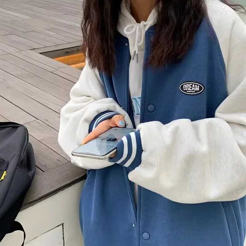 Bomber Jackets Loose Fashion Patchwork Outerwear Hooded Women Long Sleeve Y2k Preppy Style American Vintage Blue White Coats X250213