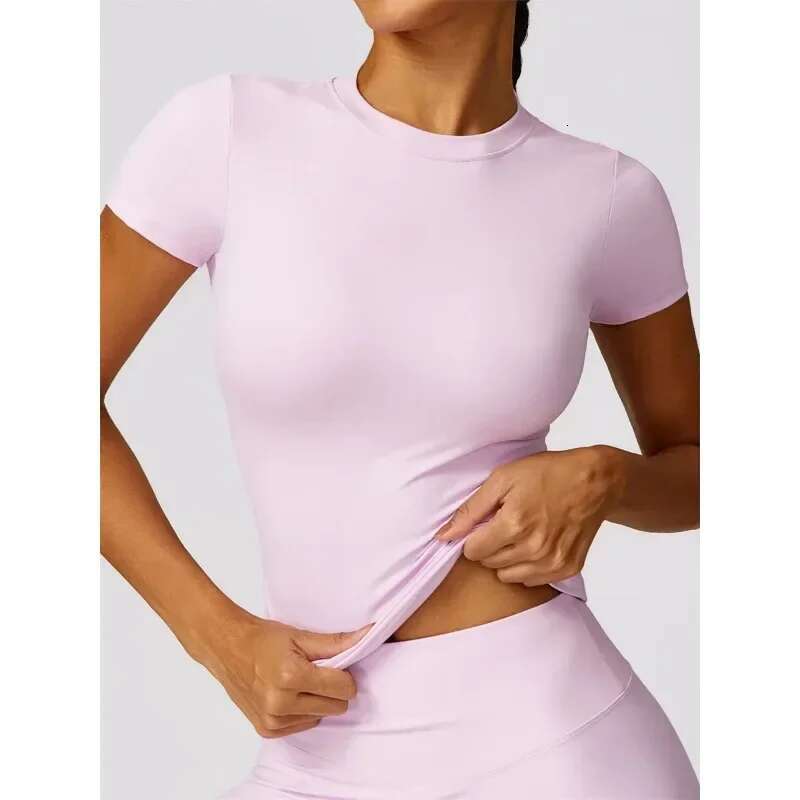 Seamless Yoga Set Women Pink Short Sleeve Top with High Waist Leggings Two Piece Workout Clothes Sports Fiess Gym Sets
