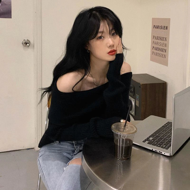 Lucyever Slash Neck Knitted Sweater Women Sexy Off Shoulder Long Sleeve Pullovers Female Korean Elegant Thicken Slim Jumpers Top 250210