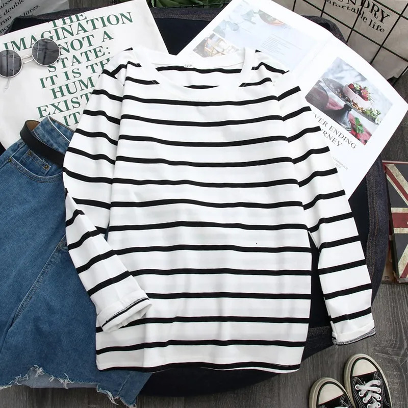 Womens Long Sleeve Striped TShirt Tops Loose Round Collar Summer Casual Simple 250211
