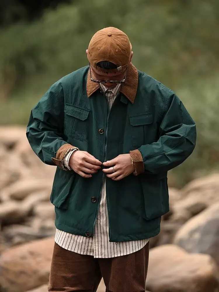 Vintage Cargo Jacket Men Women Solid Color Multi-pocket Loose Coat Harajuku Lapels Color-blocke Casual Jacket Spring Unisex Tops X250213
