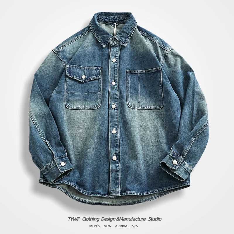 4XL Heavyweight Thickened Workwear Denim Shirt for Men American Vintage American Retro Distressed Washed Loose Shirt Jacket Coats X250213