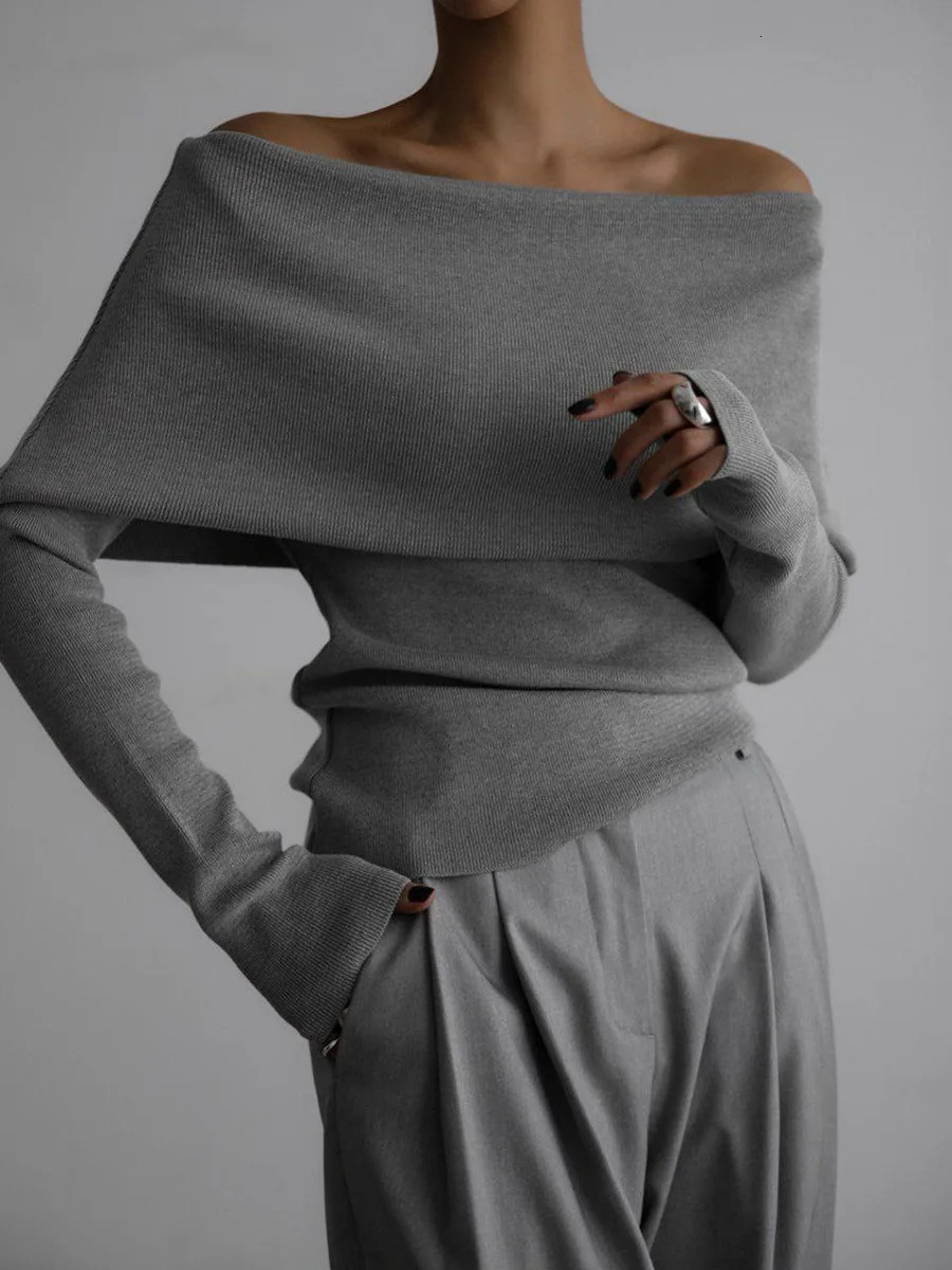 Womens Off Shoulder Sweater Spring Autumn Long Sleeve Slim Knitted Top Pullovers Jumper High Stretch Bottoming Shirts Winter 250210