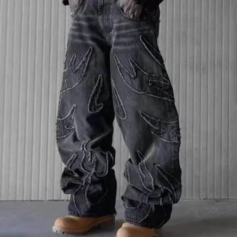 mens Y2k fashion hip-hop bag patch work denim pants womens high waisted Trousers street retro primitive edge embroidered black jeans 250210