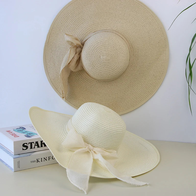 Summer Women Straw Hat Bowknot Wide Brim Floppy Panama Hats Female Lady Outdoor Foldable Beach Sun Cap 250118