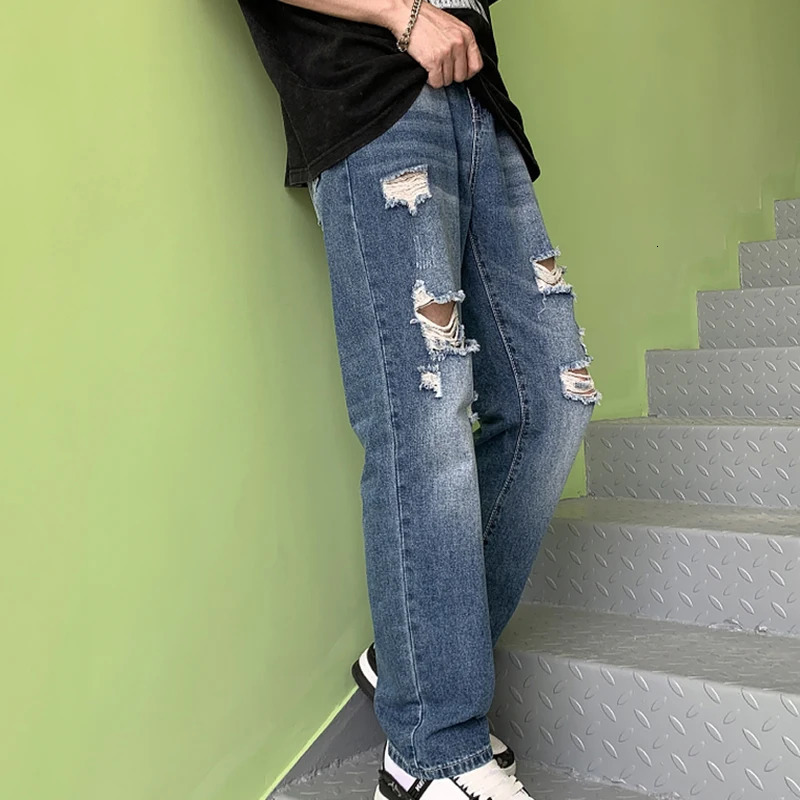 Ripped Denim Jeans For Mens Hole Ruined Straight Casual Street Wear Pants Hipster High Blue w250210