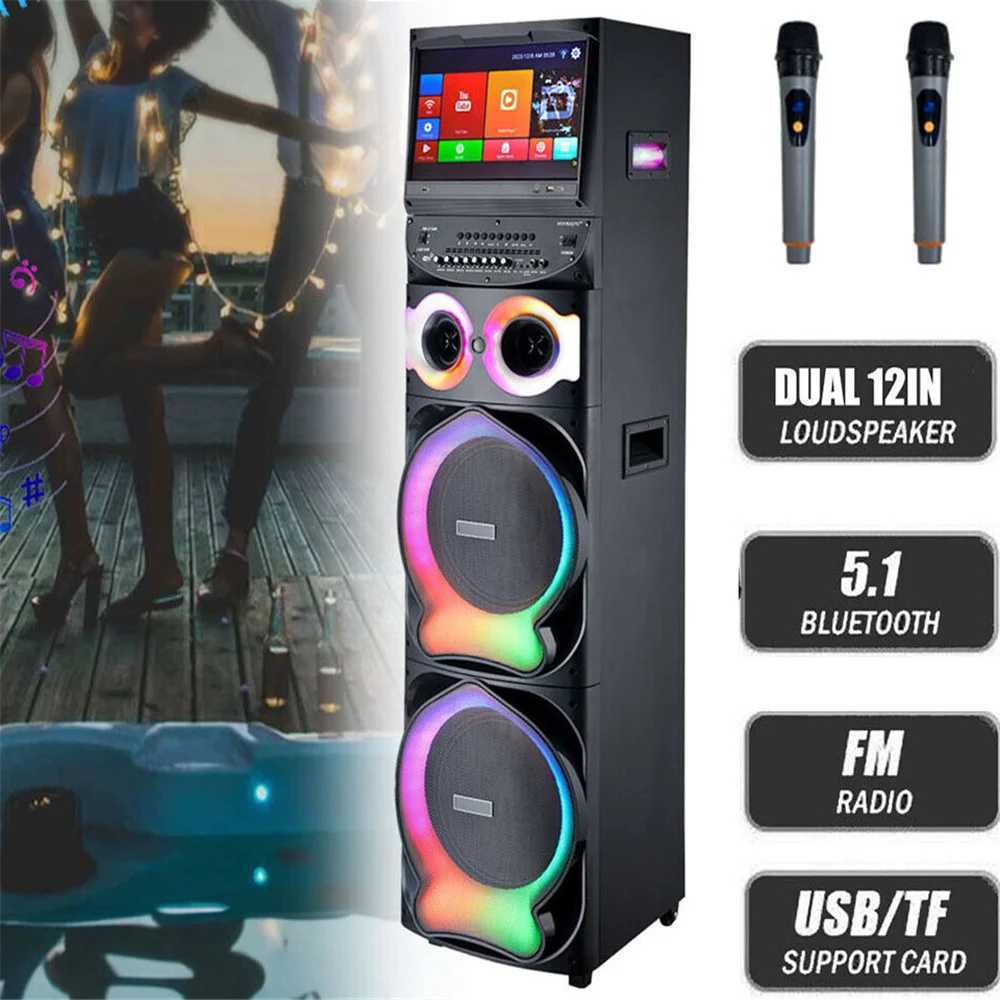 200W Dual 12 Karaoke Party Speaker w/ 2 Mics 15 Android Touchscreen Portable Loud High Quality Speaker Z250213