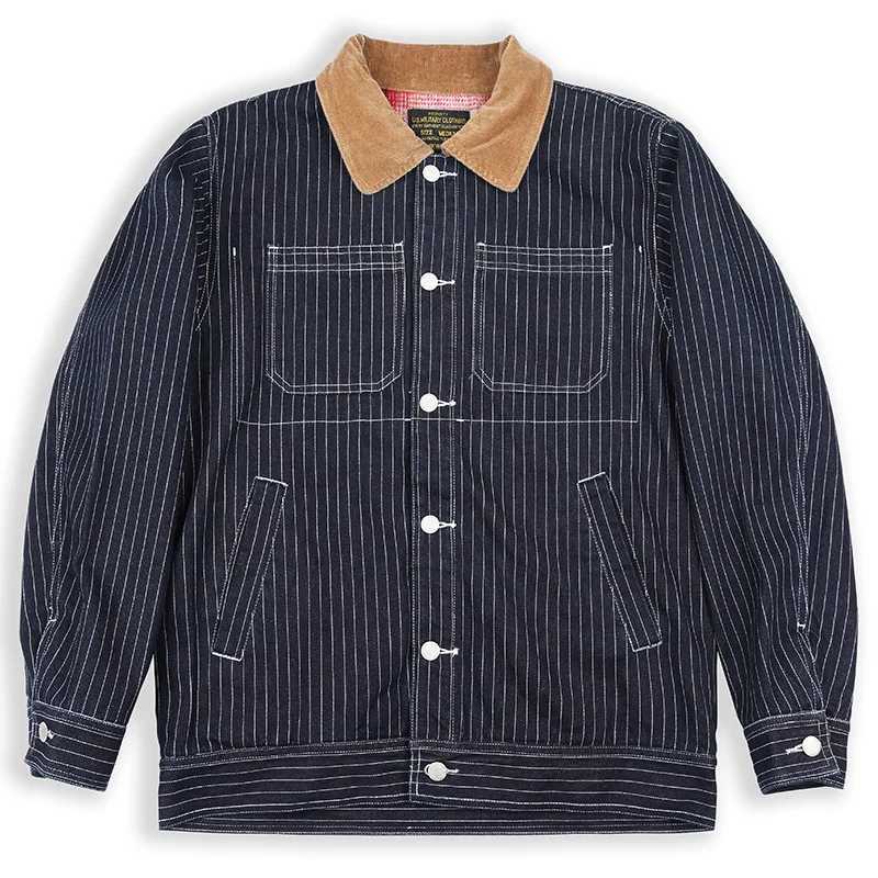 American retro mens color denim jacket winter thick plaid interior Corduroy collar multi pocket striped workwear jacket X250213