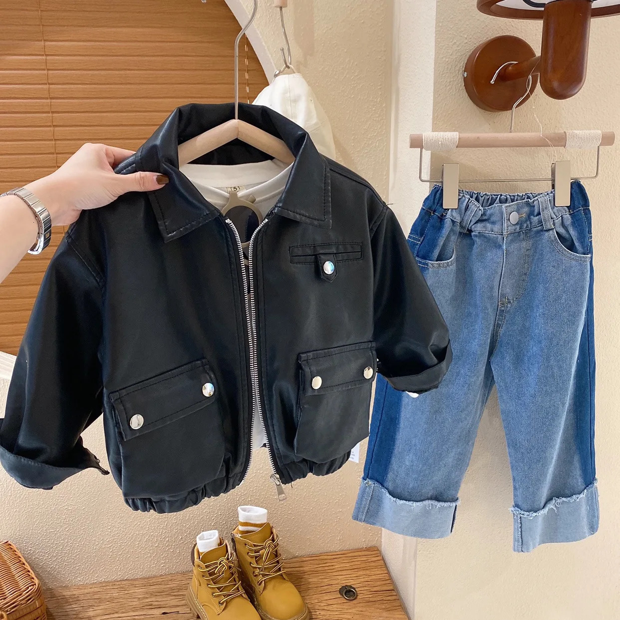 Boys Clothes Fashionable Baby Korean GirlsTop Leather Jacket Cool Handsome Coat Trend 250211
