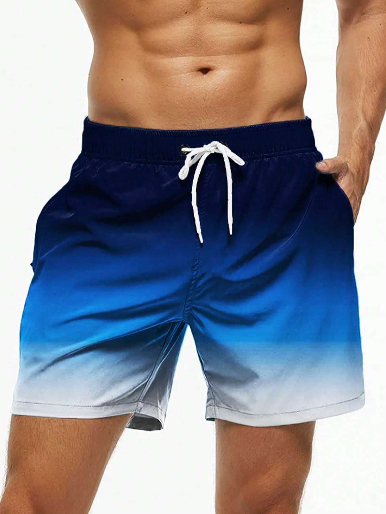 Mens beach shorts gradient color block brushed summer mens swimming trunks elastic waist 3D printed breathable short sleeves Z260314