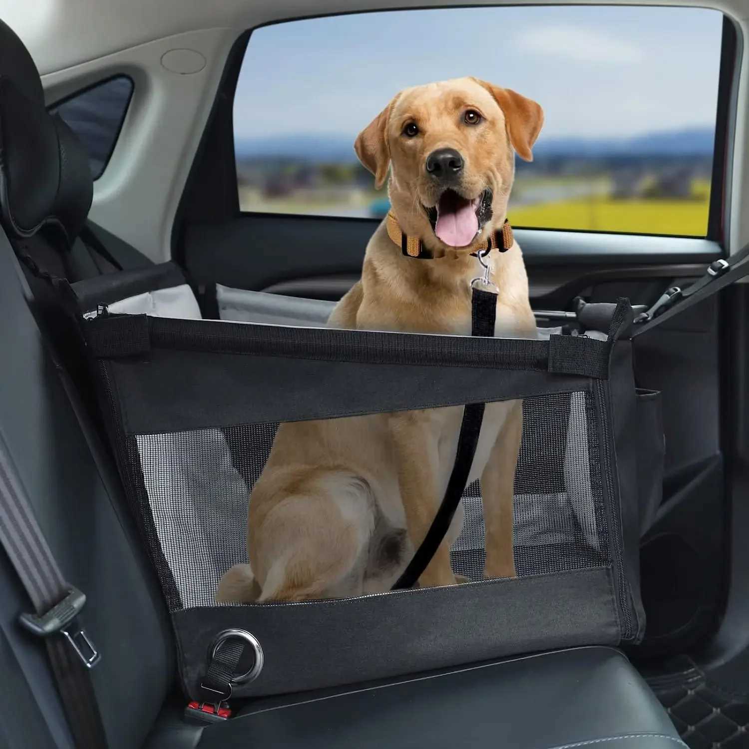 Dog Car Seat Covers Universal Car Pet Mat Dogs Basket Car Cover Travel Dog Mat Rear Half-seat Hammock with Hook Breathable Mesh Folding Dog Kennel H25