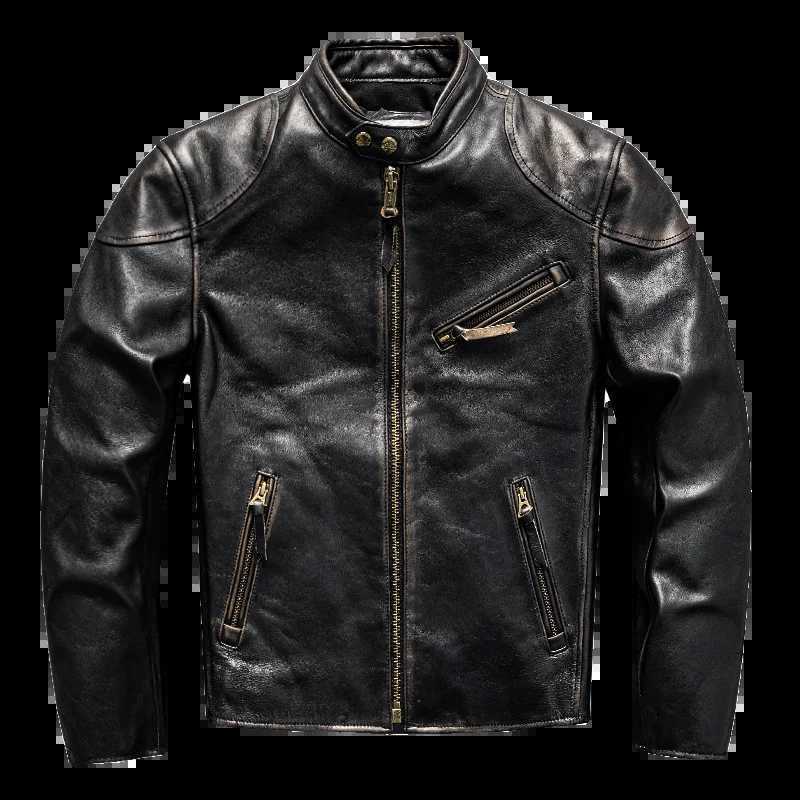 Retro Black Spring Leather Jacket Men Punk Style Plus Size 5XL Natural Horsehide Slim Fit Short Genuine Leather Coat X250213