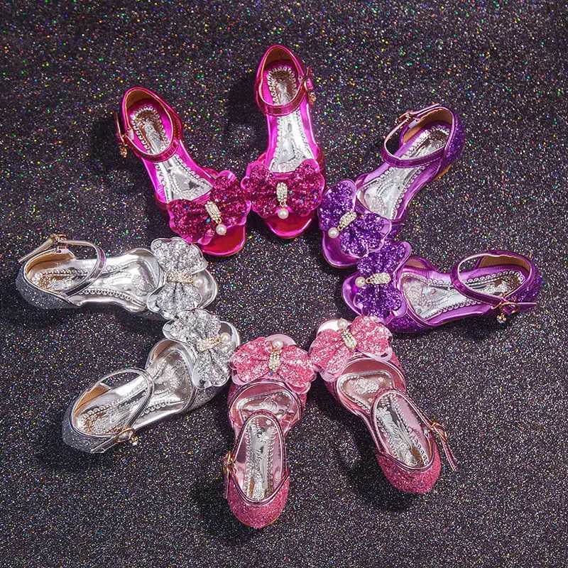 Sandals Girls Sandals Summer 2021 New Childrens Princess Shoes Little Girls High-heeled Bow-knot Crystal Sandals Party Dress Wedding H250212