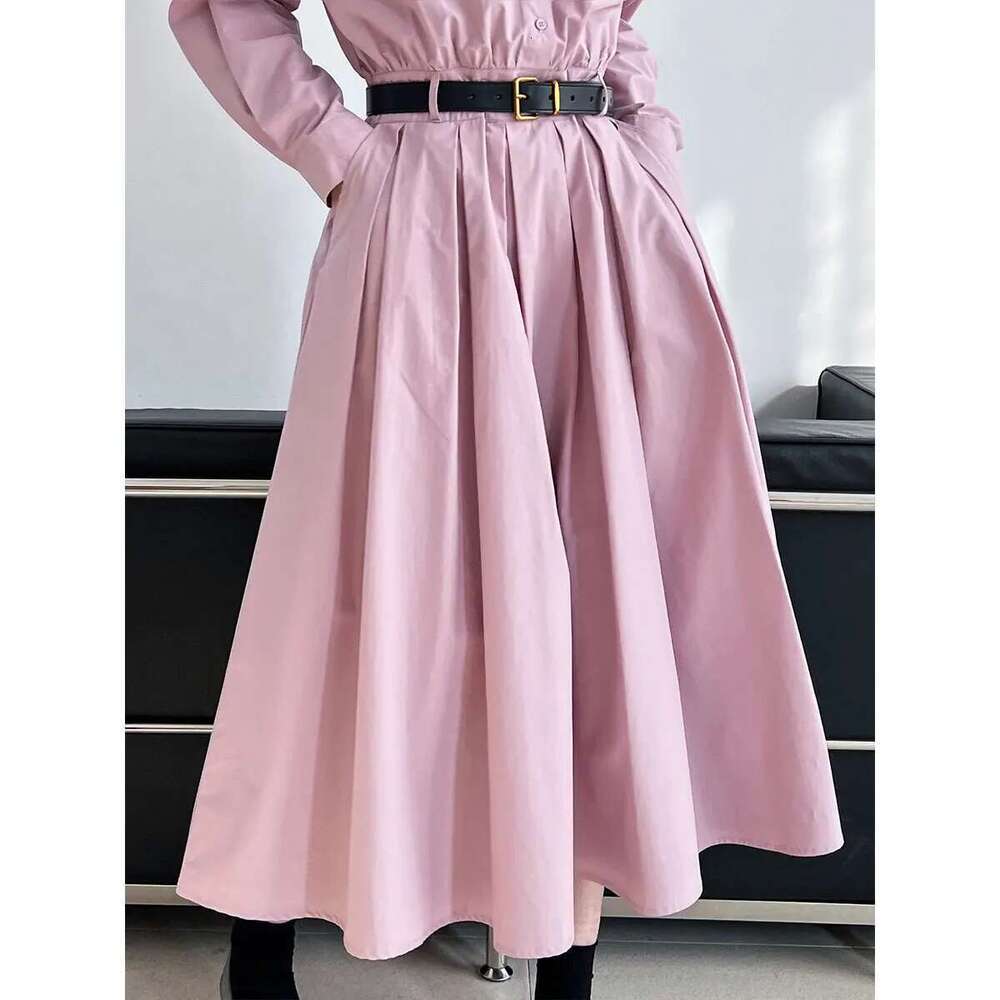 Women Spring Slimming Long Dress With A Cinched Waist Blue Polo Collar Shirt