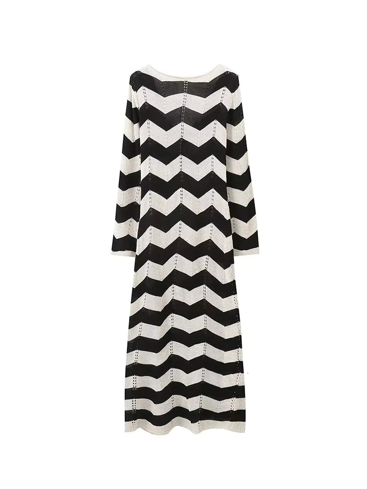 2025 Elegant Striped Knitted Dress Women Sexy V-Neck Hollow Out Lace Up Long Sleeve Vestido Female Vacation Robes