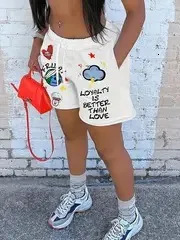 Pattern Print High Waist Knitting Shorts Casual Drawstring Knitted Shorts For Spring Summer Womens Clothing 250210