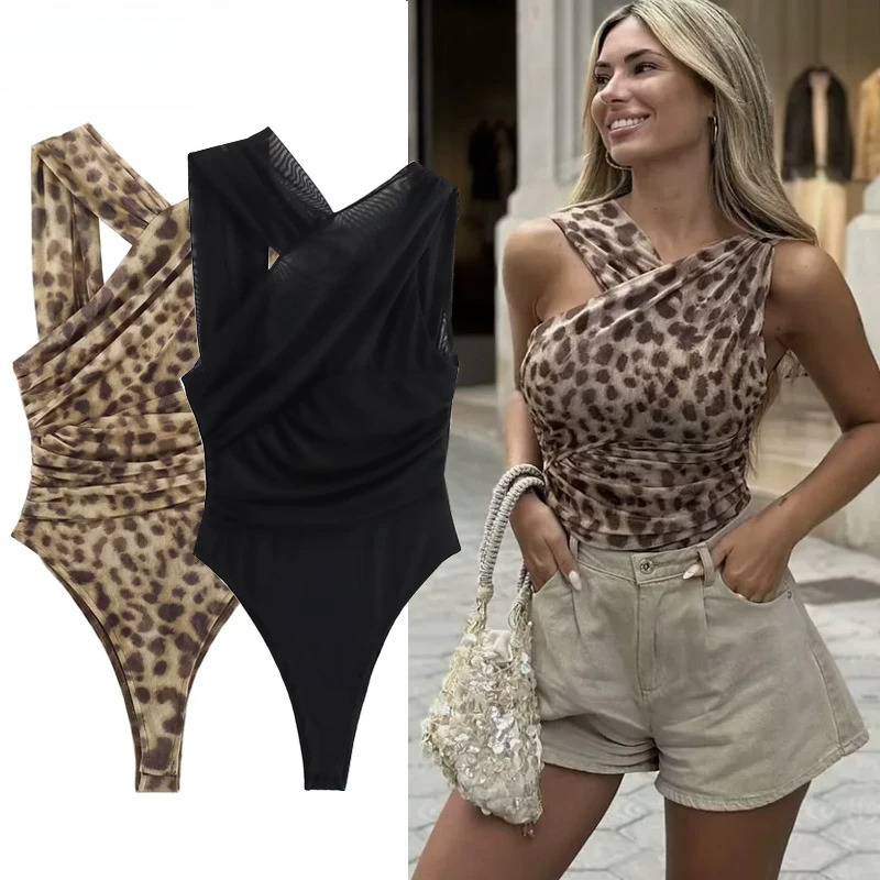 ASDS Woman Body Leopard Tulle Bodysuit Pleated Asymmetric Animal Print For Women Summer Backless Sexy Mesh Black 250211