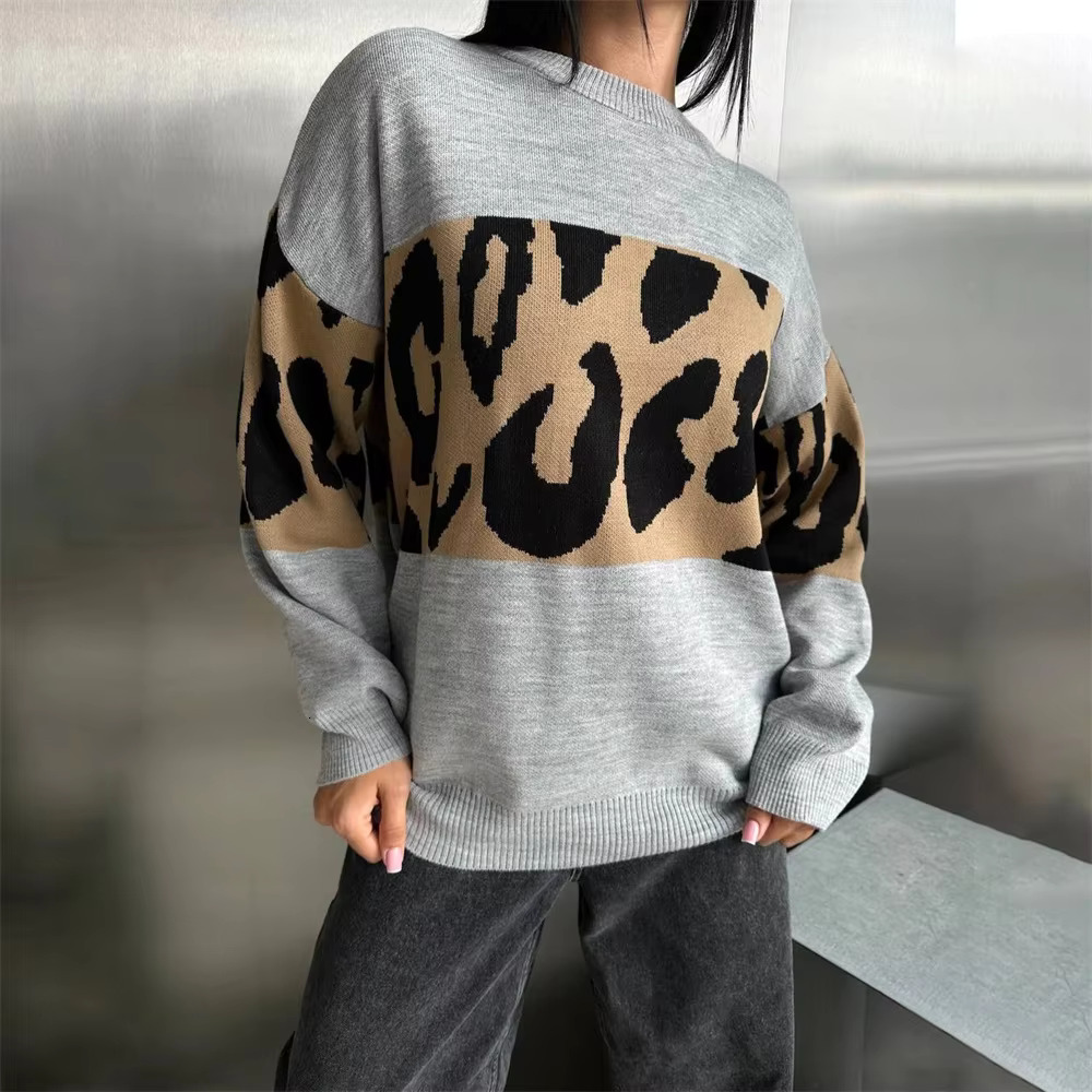 Autumn Winter Vintage Leopard Print Women's Sweater Loose Causal Oversized Knitwear Women Fashion Oneck Female Clothing 2025New