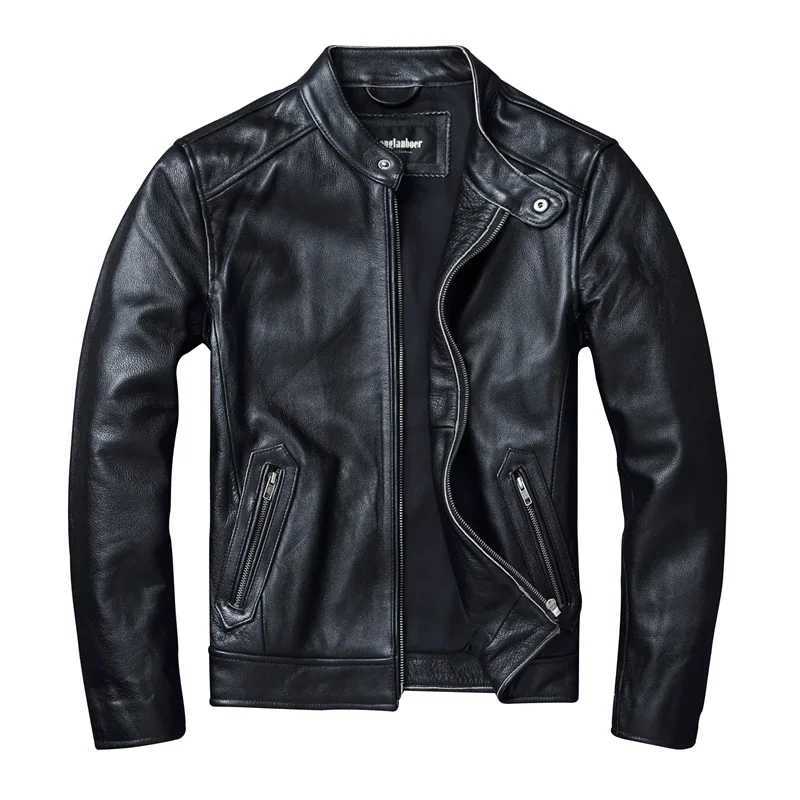 Top Layer Cowhide Slim Fit Stand Collar Motorcycle Suit Mens Leather Jacket Soft Cowhide Large Size Jacket Fashion X250213